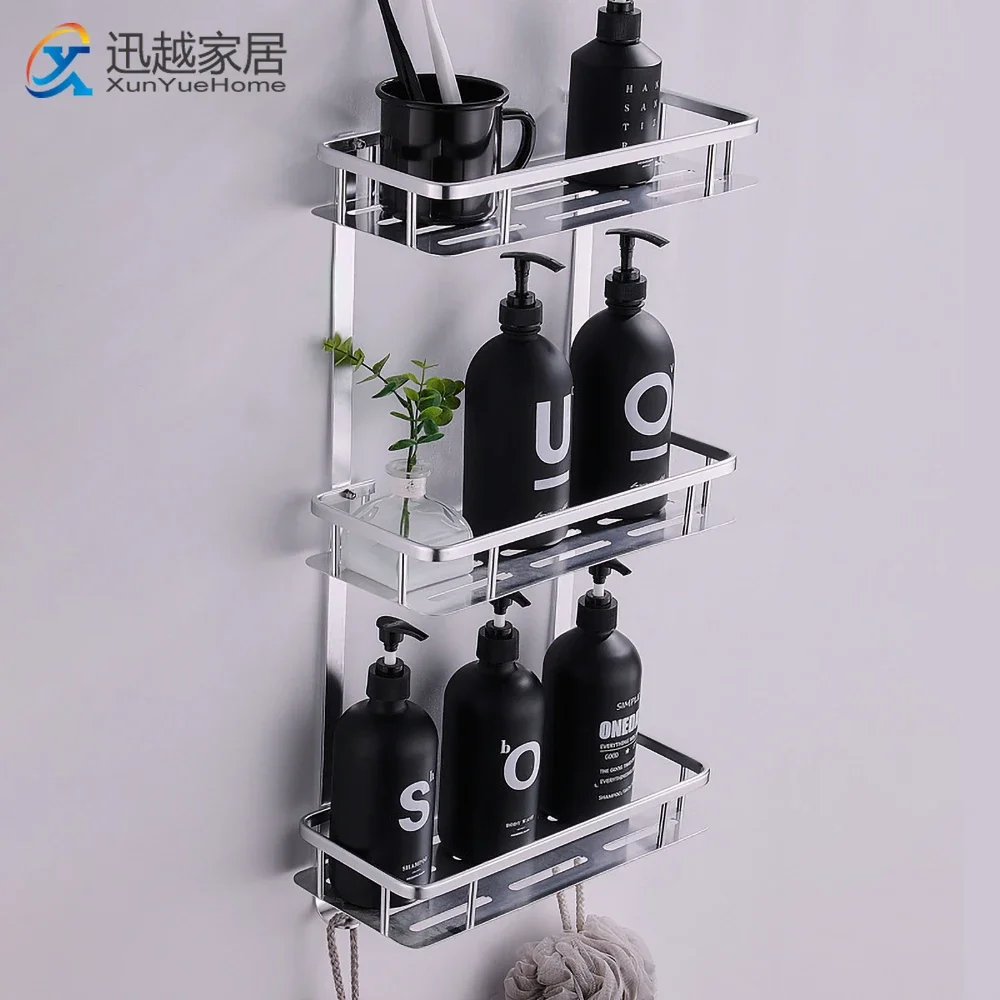 Bathroom Square Shelves Silver Aluminum Shower Basket Shampoo 1-3 Layer Holder Wall Hanger Storage Rack Organizer Accessories