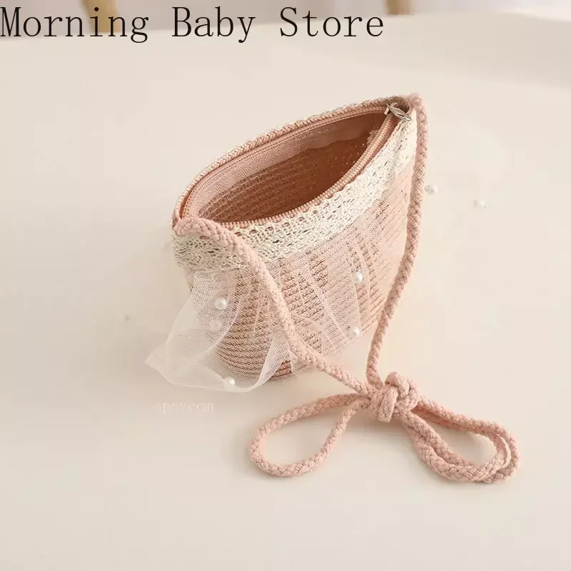 Summer Fashion Kids Straw Hat Lace Pearl Baby Girl Hat Bag Set Baby Travel Sun Protection Beach Hats Panama for 2-8 Years Kids