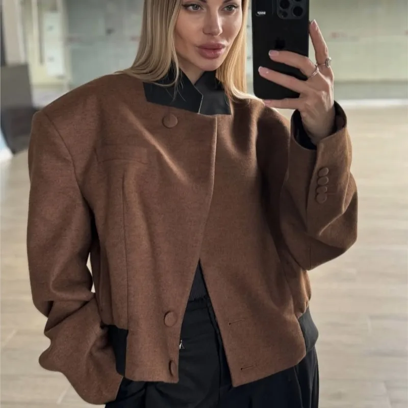 

Long-Sleeve Retro Single-Breasted Baseball Coat Casual Outerwear Wear 2025 Autumn New Women's Color-Blocked Stand-Collar Jacket