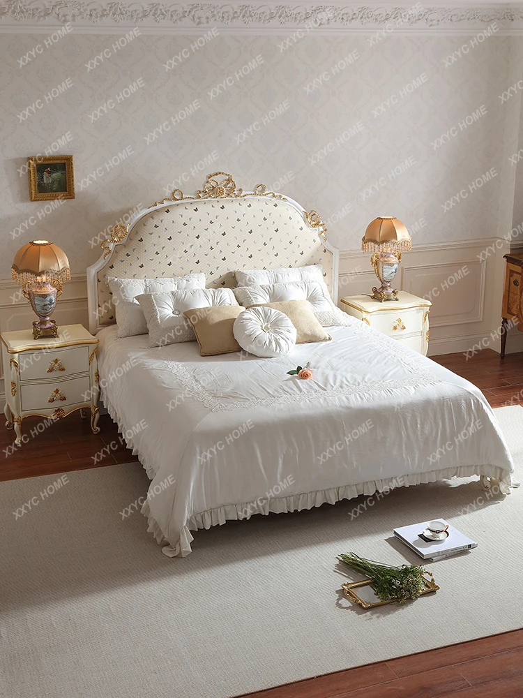 Court Fabric Double Bed 1.8M Beech Gold Master Bedroom Bed Mild Luxury Retro European Style Marriage Bed HQ