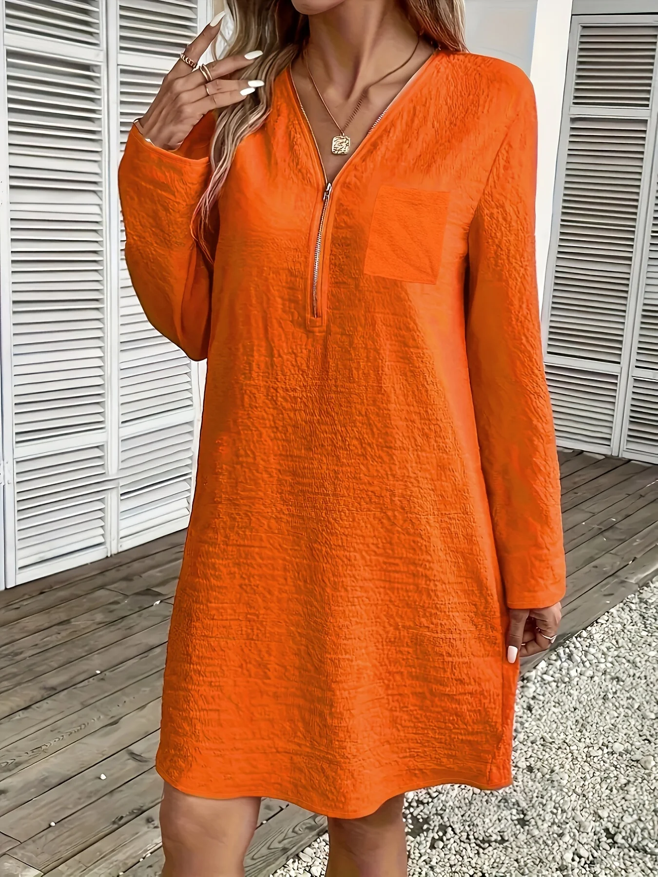 Plus size autumn elegant simple solid color zip-up V-neck dress straight sleeve sleeve rope office  wear  loose version 1XL-5XL