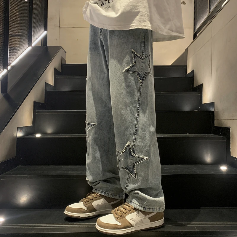 Y2K Vintage Men Korean Blue Streetwear Oversize Star Aesthetic Straight Trousers Wide Leg Jeans Grunge Denim Pants Women Clothes