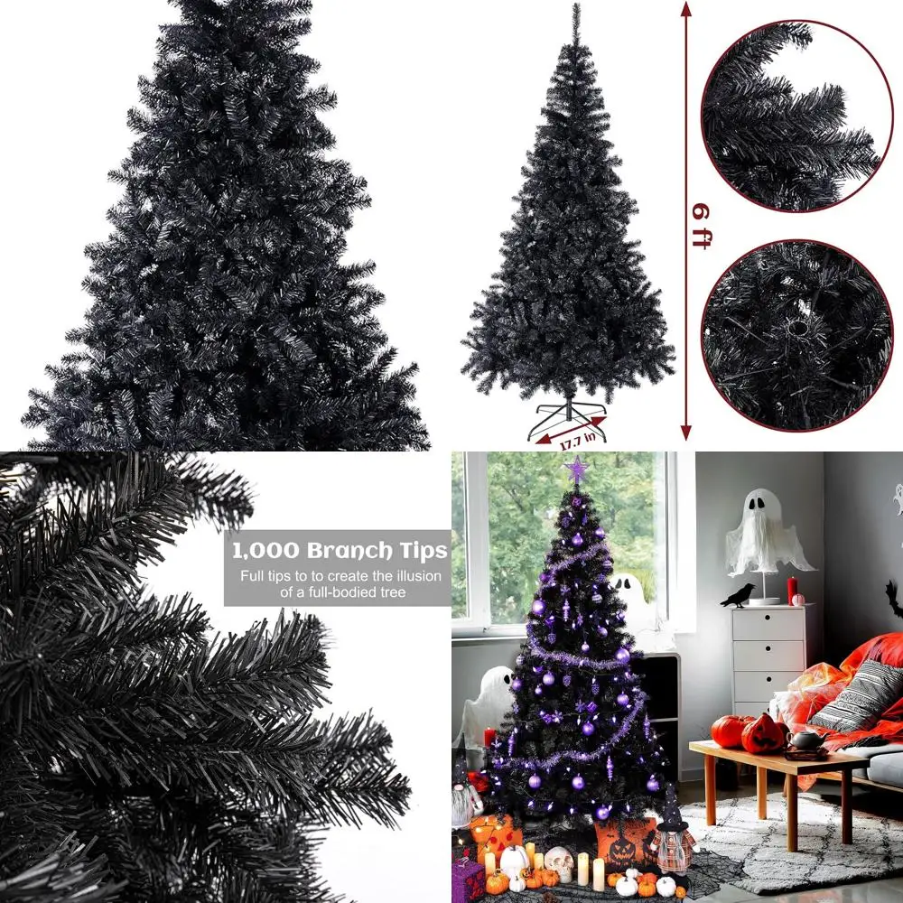 

6-футовая черная роскошная искусственная рождественская елка на Хэллоуин с 1000 наконечниками и подставкой для легкой сборки