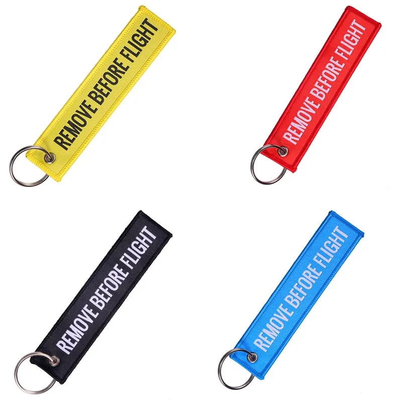 1PCS Fashion Remove Before Flight Tags Keychain Keyring Rectangle Polyester Embroidery Message Multicolor 13*3CM