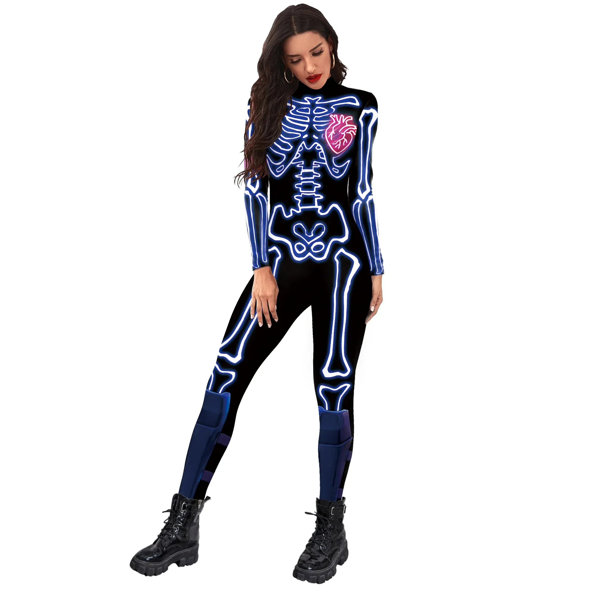 Macacão Crânio Impresso 3D Halloween para Mulheres, Catsuit, Cosplay, Traje Esqueleto, Bodysuit, Romper, Zentai, Festa