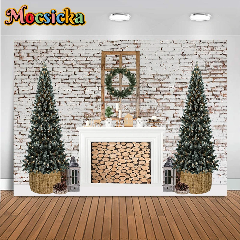 Mocsicka Christmas Decoration Photography Background White Brick Wall Window Wreath Fireplace Lamps Backdrops Studio Photobooth