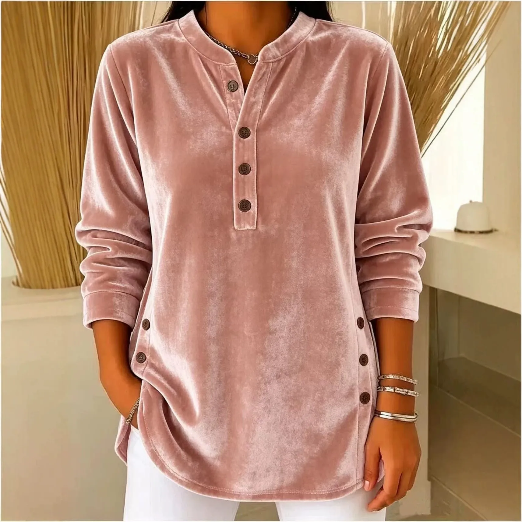 Women's Winter Blouse Longsleeve Velvet V Neck T Shirt Casual Split Hem Patchwork Top Light Blue Dusty Pink Lavender Purple view 5