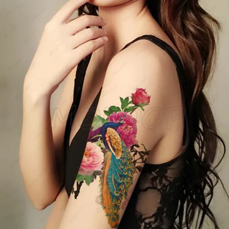 Tattoo Stickers Peacock Peony Flower Bud Butterfly Waist Arm Back Makeup Art for Women Girls Temporary Waterproof Fake Tatto