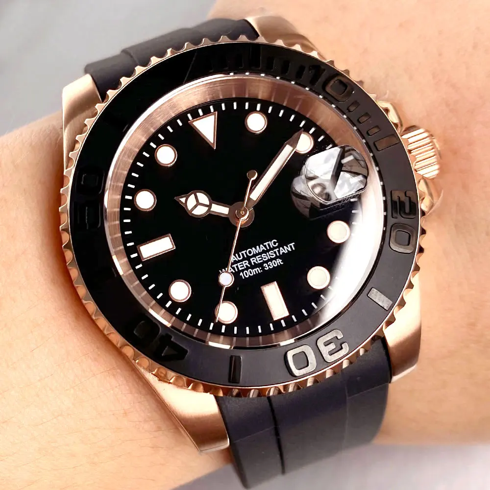 Jam Tangan Pria Mekanis Kustom NH35A Gerakan Otomatis Kaca Safir Sisipan Ceremic Tali Karet Gesper Baja Rose Gold