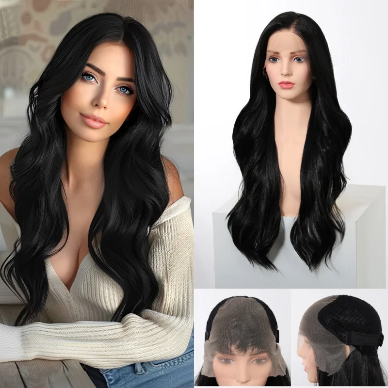 Fashionable black 30-inch long curly hair 13*6 large area lace wig for women, realistic, natural, comfortable, with flexible par