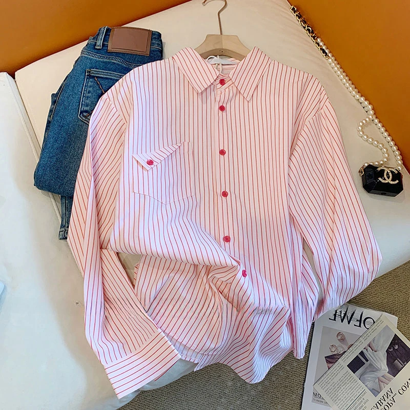 French Sweet Pink Striped Shirts Women Korean Style Office Lady All-match Streetwear Fashion Baggy Camisa Female Tender Lovely