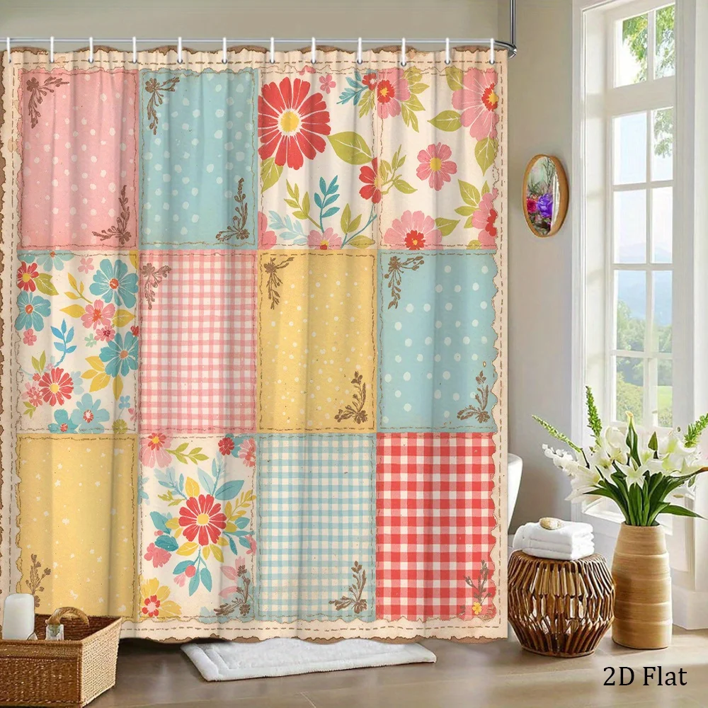 Vintage Floral Patchwork Shower Curtain Waterproof Bathroom Decor Grid Design Cottage Style Novelty Curtain for Kids and Home