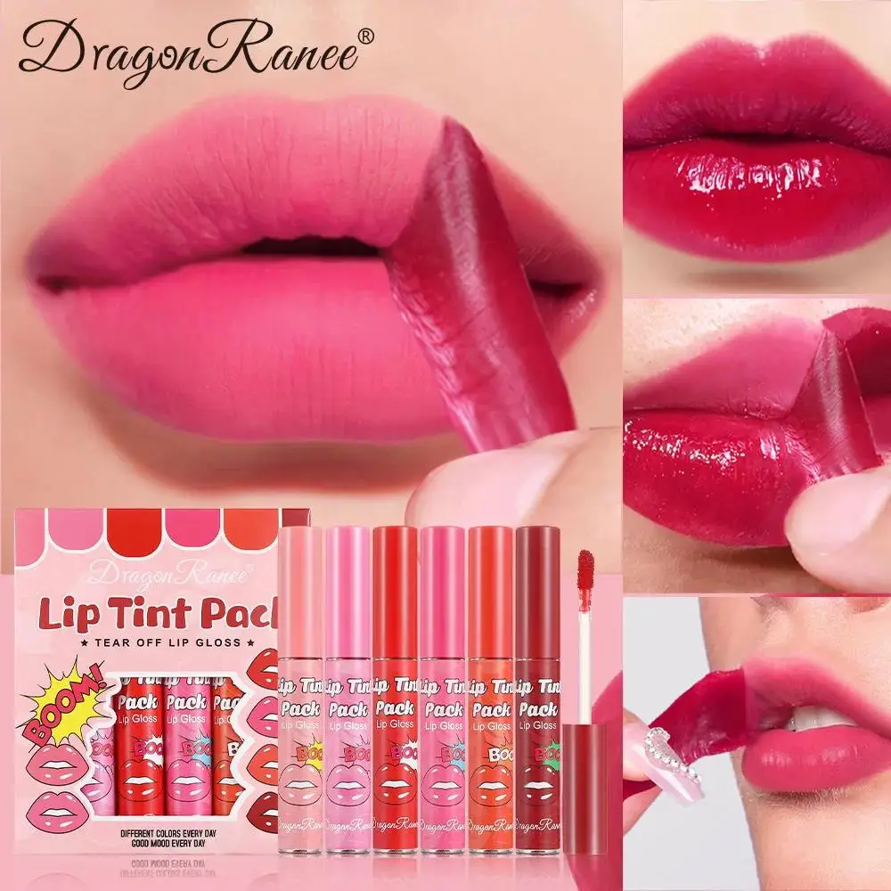 Juego de brillos de labios rasgados de 6 piezas de Dragon Ranee, máscara hidratante, lápiz labial resistente al agua, pigmento rico a prueba de manchas