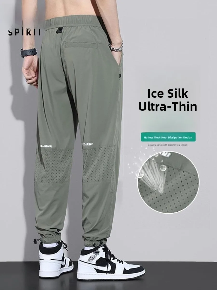 

Мужские летние тонкие свободные брюки из ледяного шелка с манжетами, укороченные, быстросохнущие, спортивные джинсы прямого кроя, повседневные брюки для отдыха