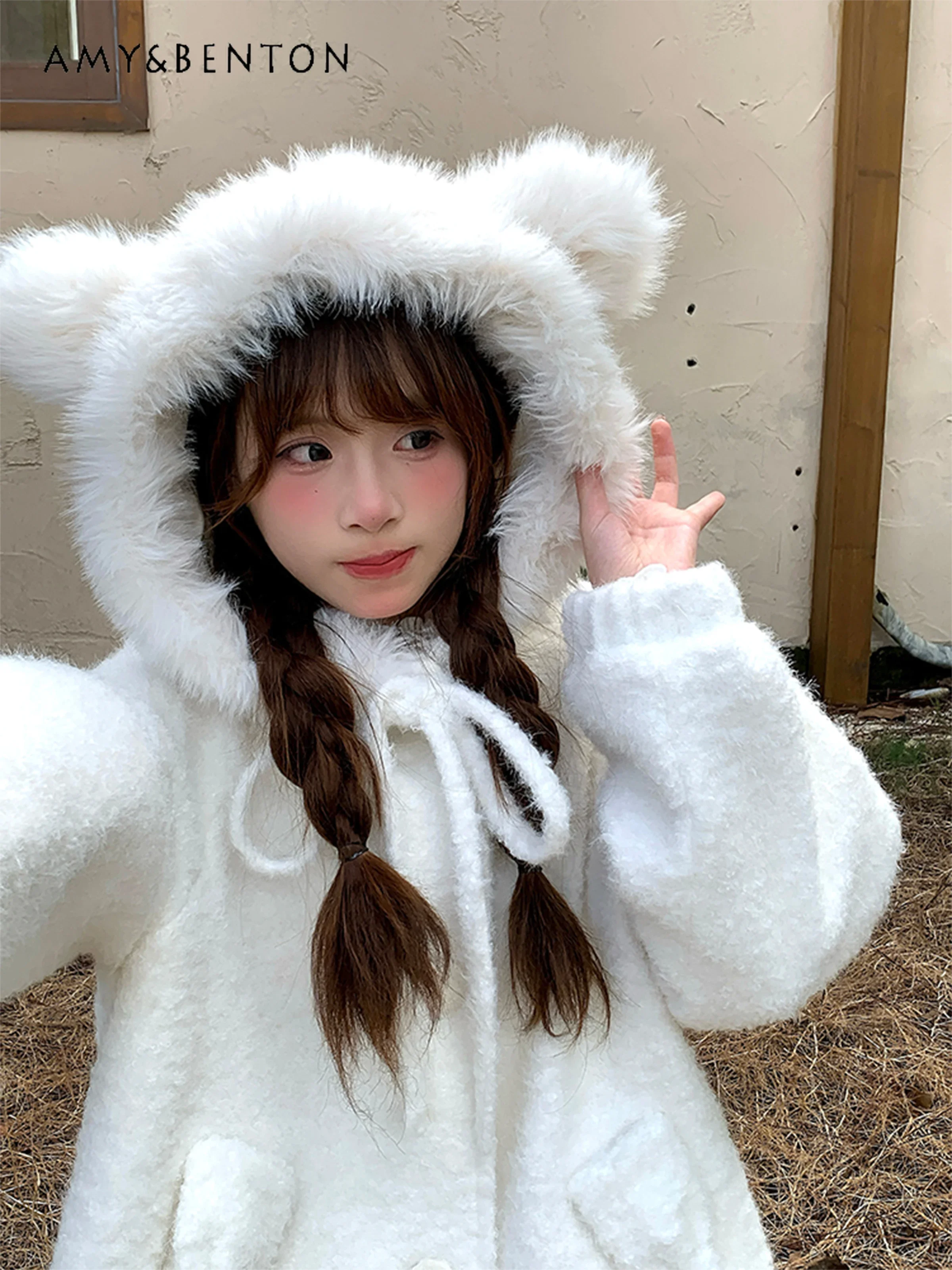 Sweet Cute White Bear Plush Hooded Woolen Coat Women Autumn Winter New Kawaii Bow Single-breasted White Mid-length Woolen Coat