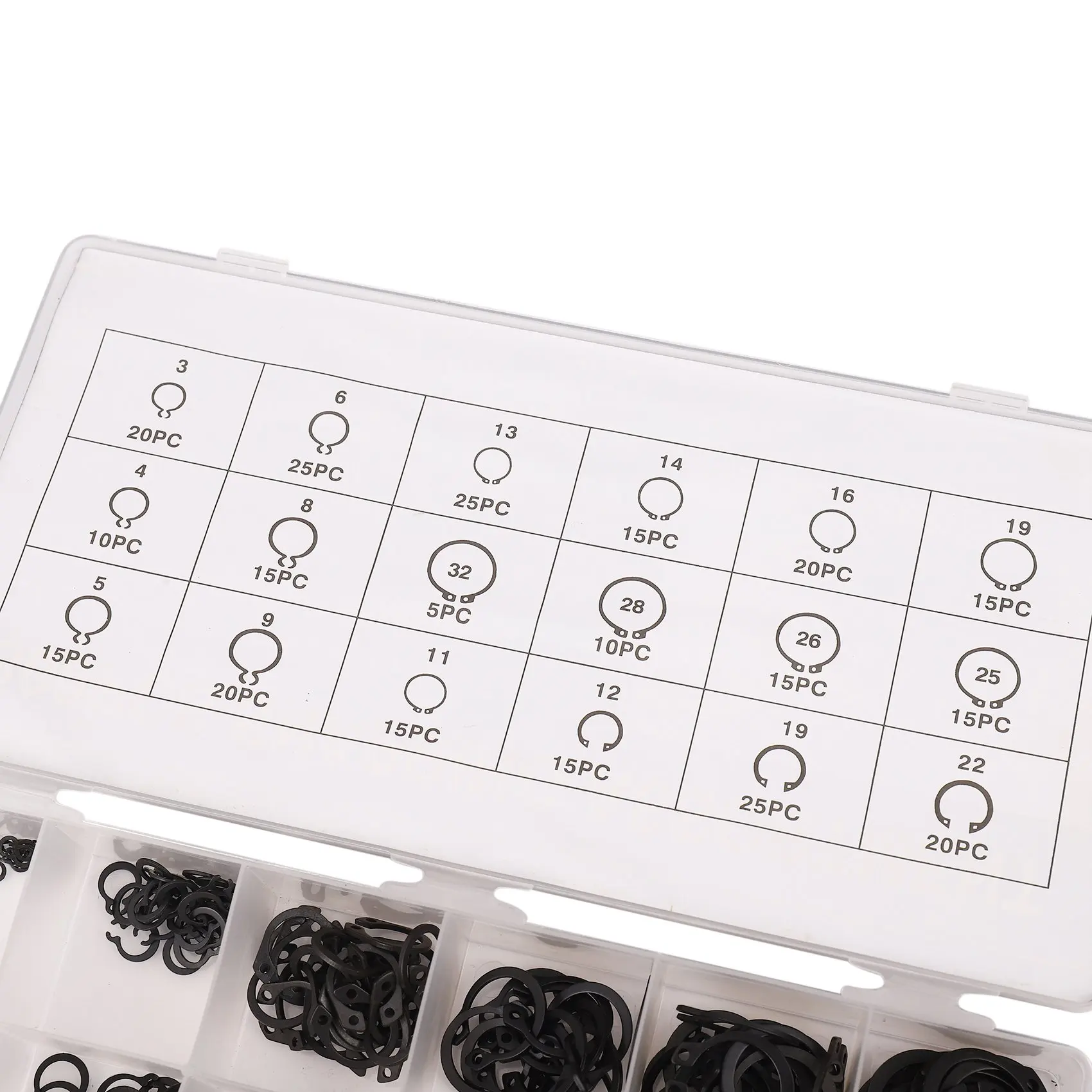 300 piezas C-Clips anillo de presión externo arandela negra Hardware Cir Clip juego de anillos de retención para sujetadores industriales 18