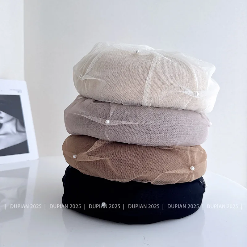 قبعات صوف شبكية من اللؤلؤ مخيطة يدويًا عالية الجودة مع قبعة رسام على طراز سيدة أنيقة ومتعددة الاستخدامات بلون اليقطين عصري