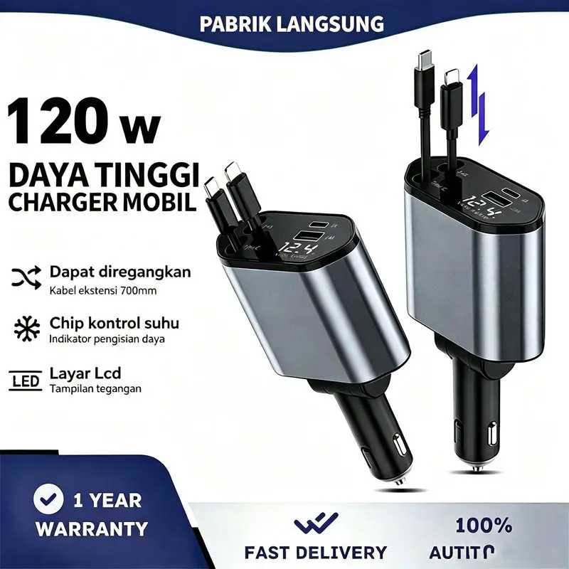 Hidden Retractable Dual Cable Car Charger,120W 4‑Port Fast Charging 180 Degree Adjustable Angle Cigarette Lighter Charger