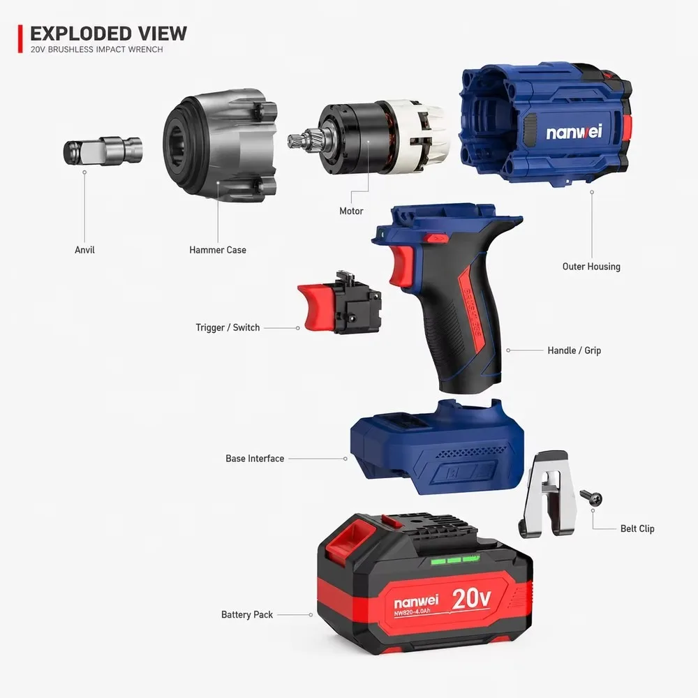 500Nm High Torque Brushless Cordless Impact Wrench 1/2 Inch 21V Li-Ion Electric Power Tool for Car Repair