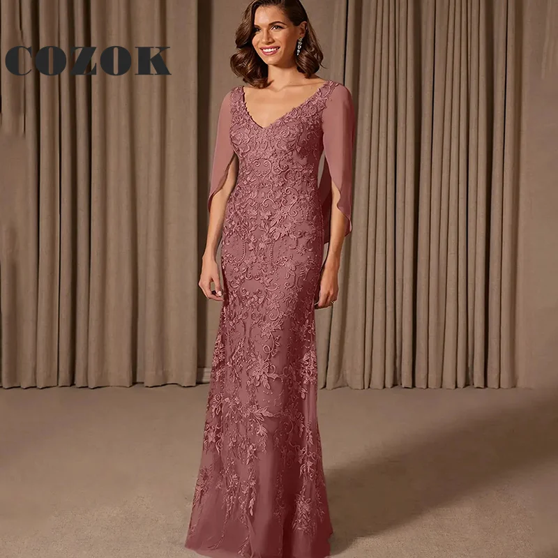 Elegant Appliques Mother of the Bride Dresses 2024 V Neck With Sleeve Mermaid Floor-Length Women Formal Gowns Custom Z34Y