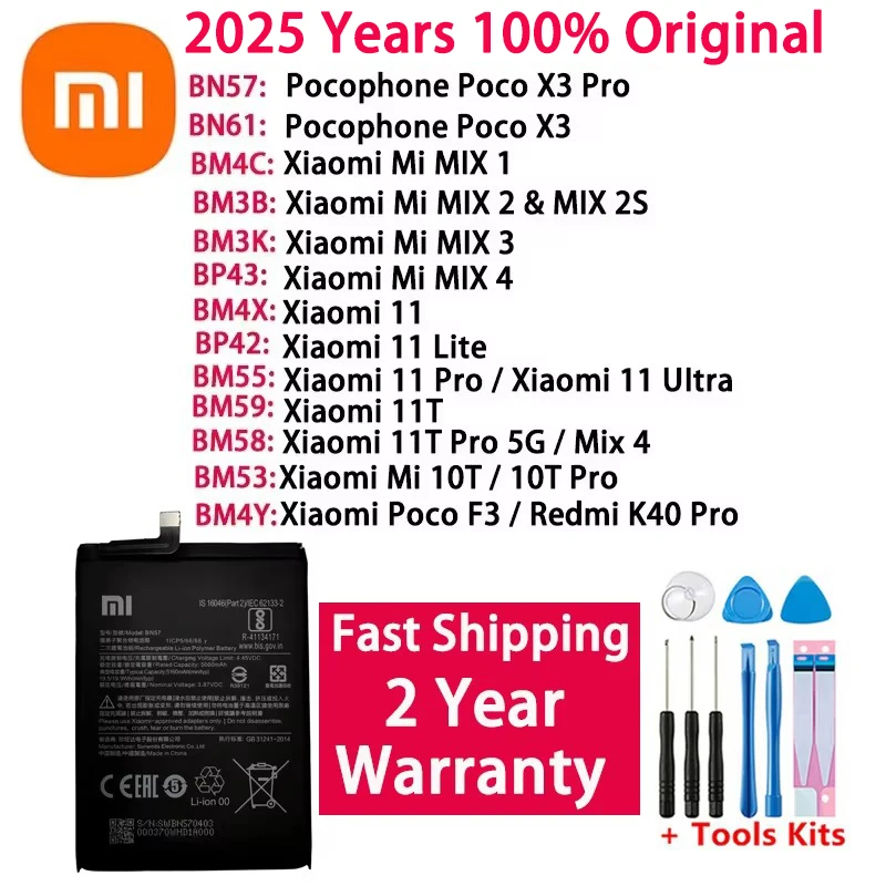 

2025 Years Xiaomi Original Battery For Xiaomi Mi Mix 1 2 2S 3 4 Poco X3 F3 Redmi K40 10T 11T Mi 11 Mi11 Lite Ultra Pro Batteries