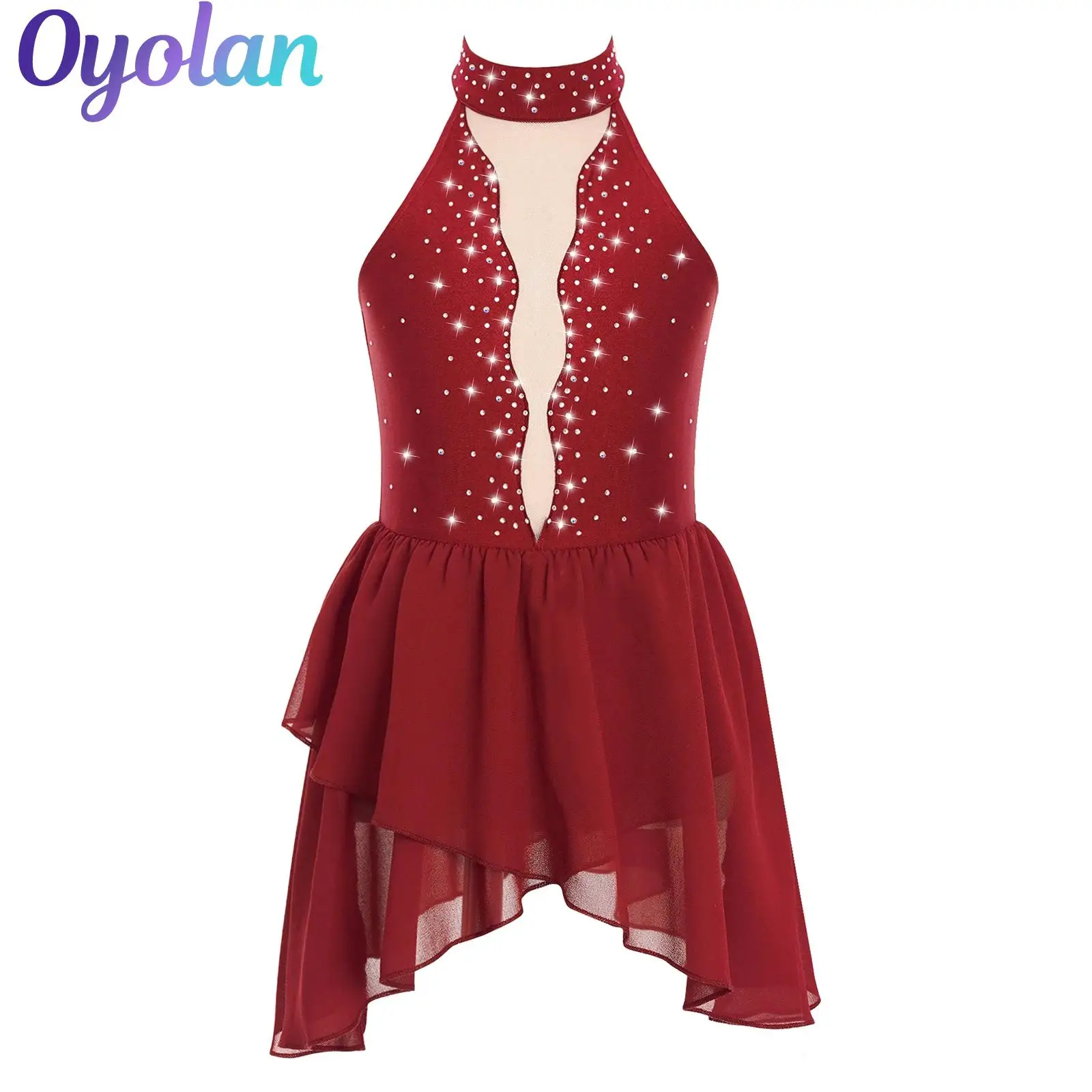 

Kids Girls Gymnastics Artistic Figure Skating Costume Shiny Rhinestone Sheer Mesh Irregular Hem Ballet Lyrical Dance Dress