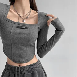 American Style Fishbone Design Sensibility Base Layer Top Women's Cropped Long Sleeve T-shirt Trendy Square Collar Clavicle Top