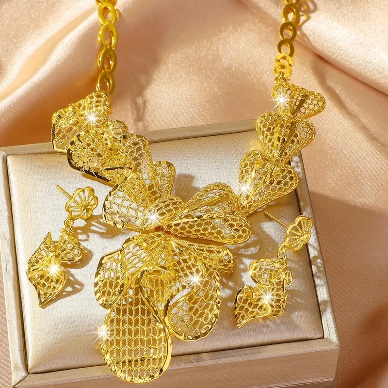 Luxury 24K 9999 Pure Gold real gold Middle East Bride Unique Flower Necklace Earrings Set Chain