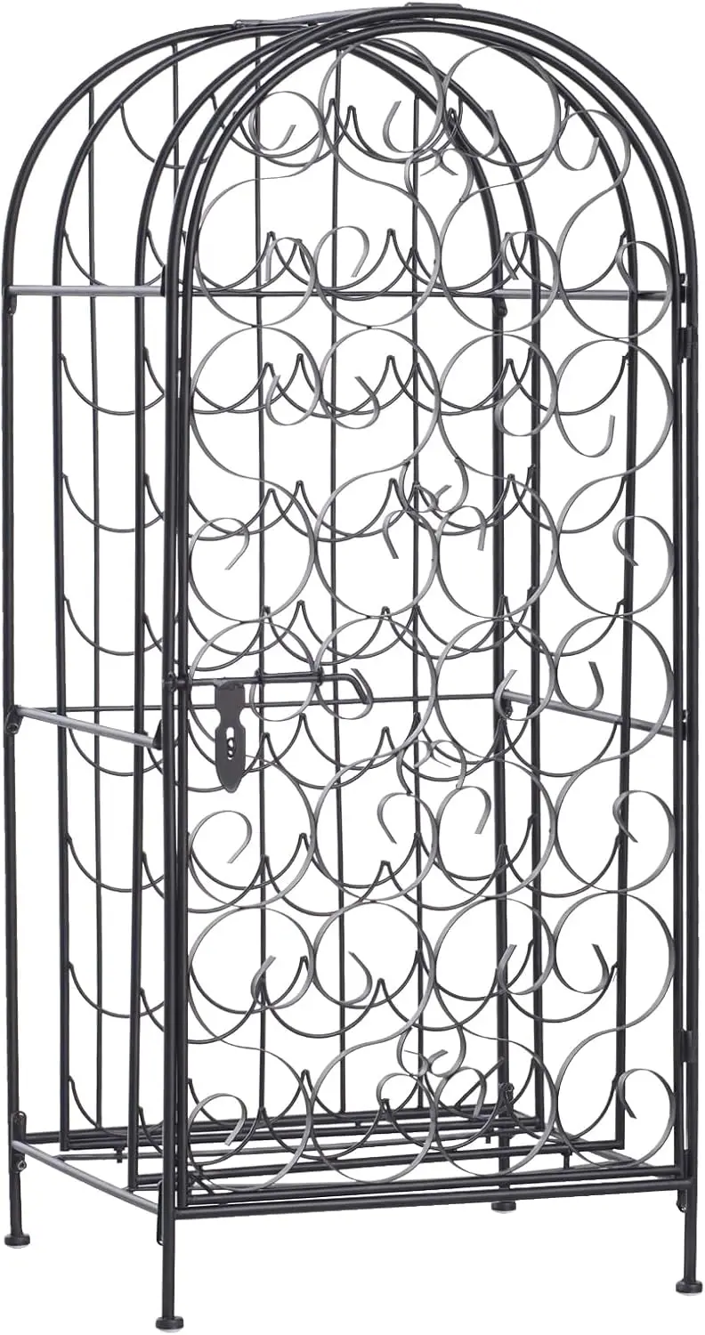 35-Bottle Wrought Iron Wine Rack Cabinet with Lock, Black for Home Cellar Storage