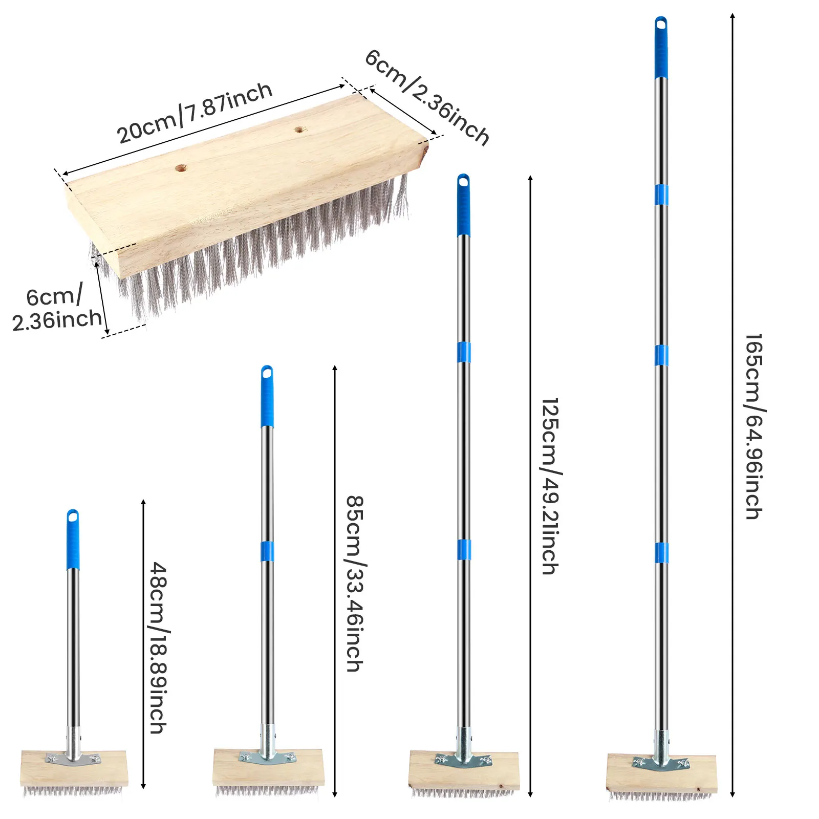 Heavy Duty Stainless Steel Wire Floor Brush Multipurpose Wire Deck Brush with 4 Section Detachable Pole for Home Concrete Floor