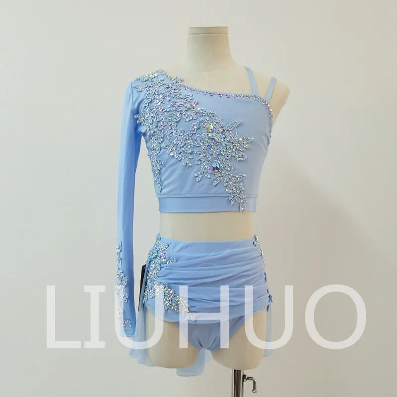 

LIUHUO Lyrical Dancing Dress for Performance Blue Color Pole Skirt Two Pieces