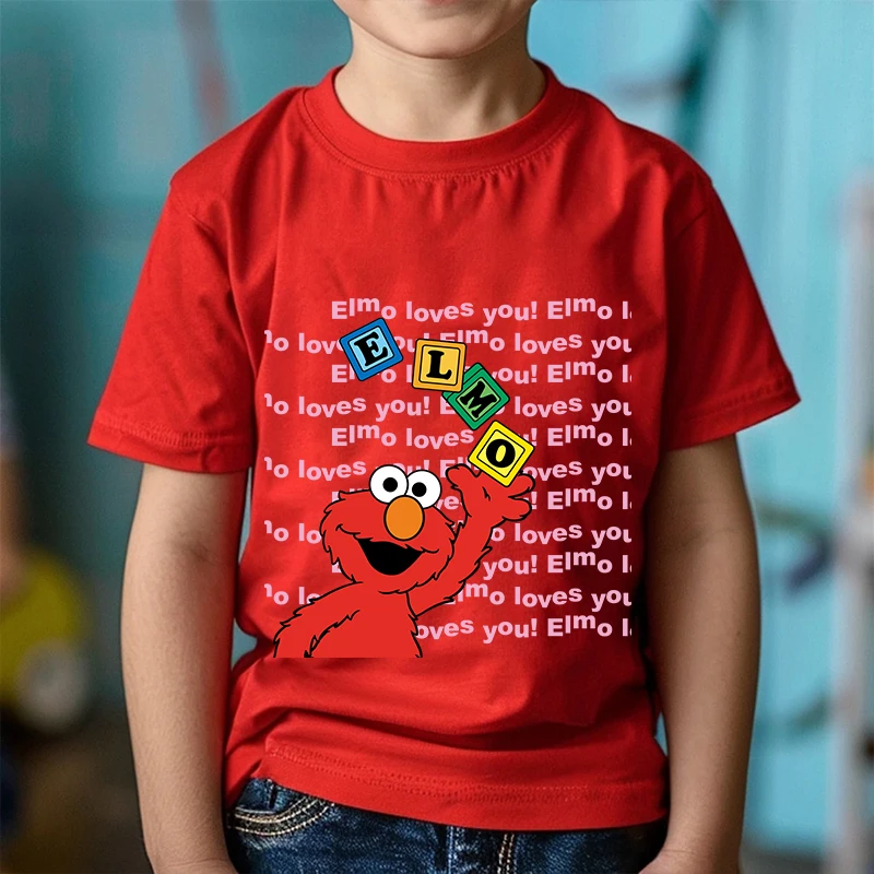 Sesame Street Printed Kids T-shirt Summer Children's Cotton Short Sleeve Red Casual Top Suitable for Boys and Girls