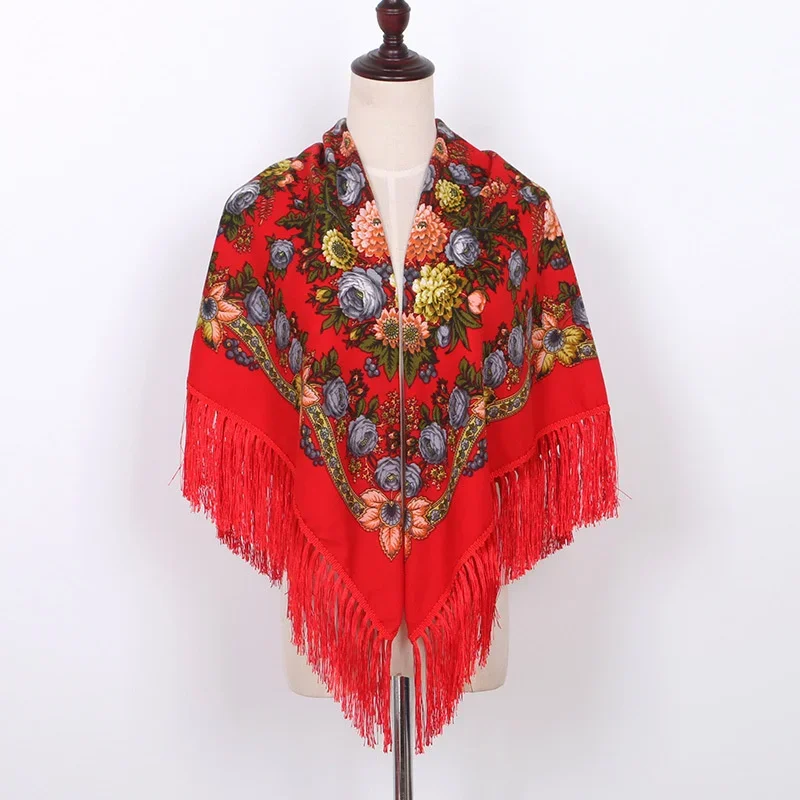 Autumn And Winter Cotton Russian National Style Scarf Printed Scarf women's New Square Multifunctional Fringed Shawl