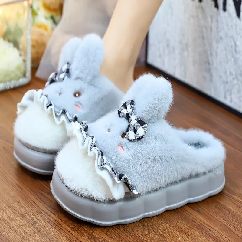 

Lovely Girls Bunny Ear Slippers Women Flat Elevator Shoes Cute Bow Tie Appliques Pull On Shoes Ladies Winter Slippers