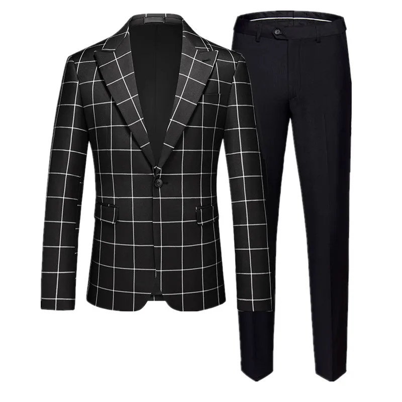 

Fashion Men Groom Simple Wedding Suit 2 Piece Black / Blue New Homme Business Social Prom Party Tuxedo Plaid Jacket and Pant