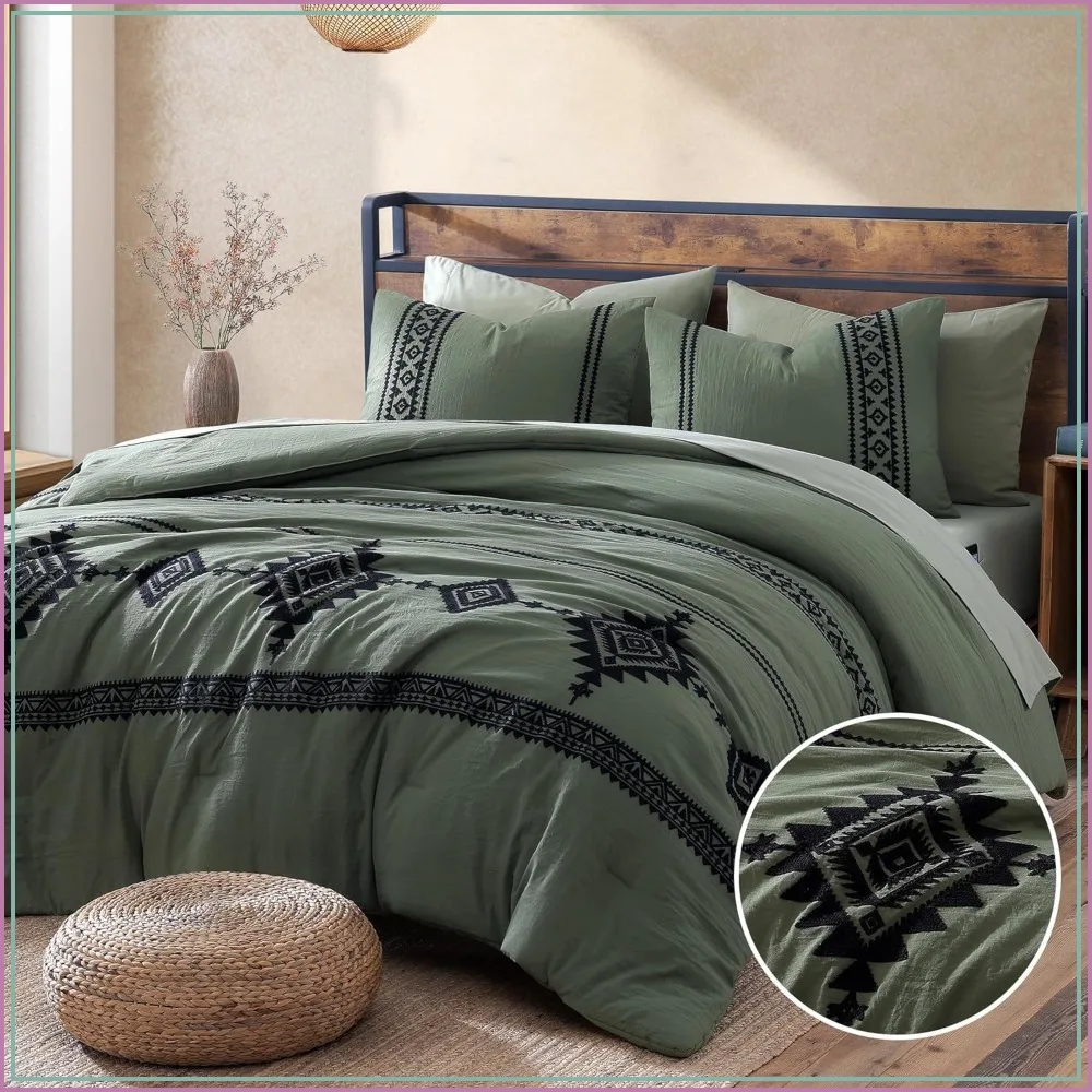 

Boho Farmhouse Embroidery Comforter Set, 7-Piece Queen Bed in a Bag, Olive Green All Season Bedding with Sheets & Pillowcases
