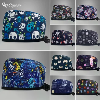 Venta al por mayor, gorros exfoliantes, nueva moda, gorro con estampado de dibujos animados de calavera de algodón, gorro de trabajo ajustable, gorro de enfermería para salón de belleza, gorro quirúrgico masculino