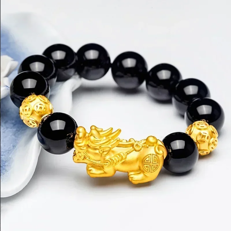 Gold 999 Pixiu bracelet AU750 for men and women 3D hard gold transfer beads obsidian 18K gift for dad accessories