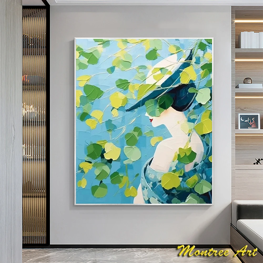 Hand Painted Oil Painting Large Original Fashion Wome Oil Painting Modern Blue Green Wall Art Custom Living room Wall Decor