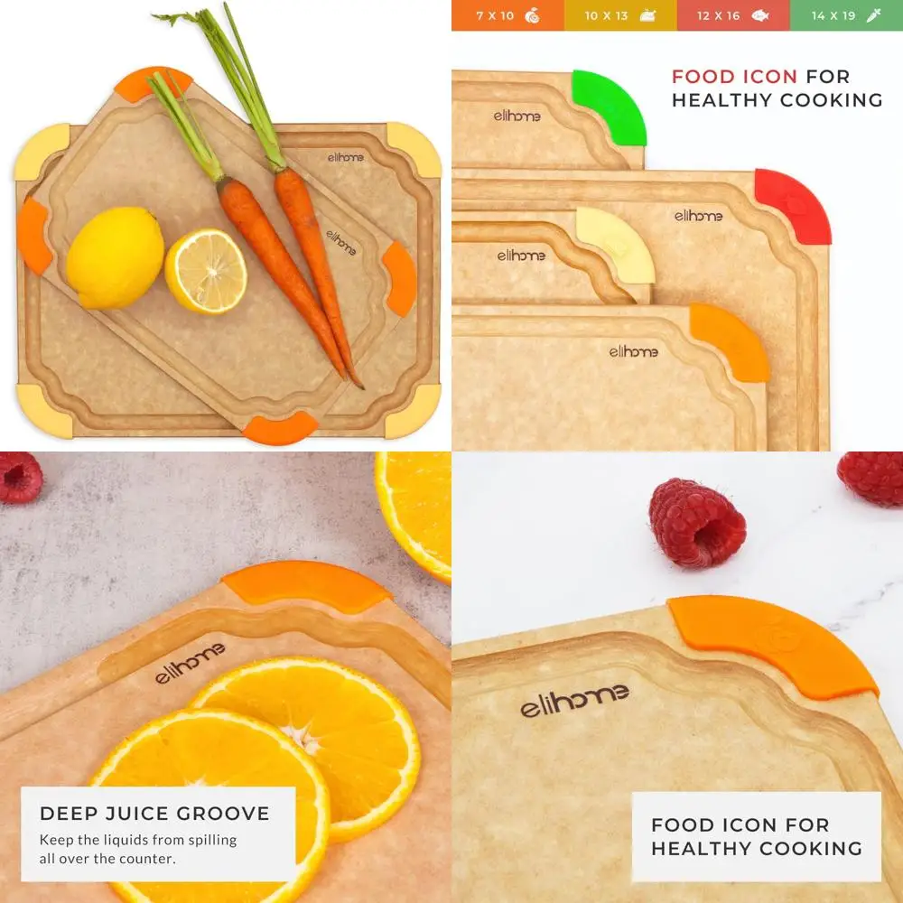 

Color-Coded 2-in-1 Kitchen Cutting Board Set with Non-Slip Feet, Food Icon, Natural Wood Fiber, Dishwasher Safe