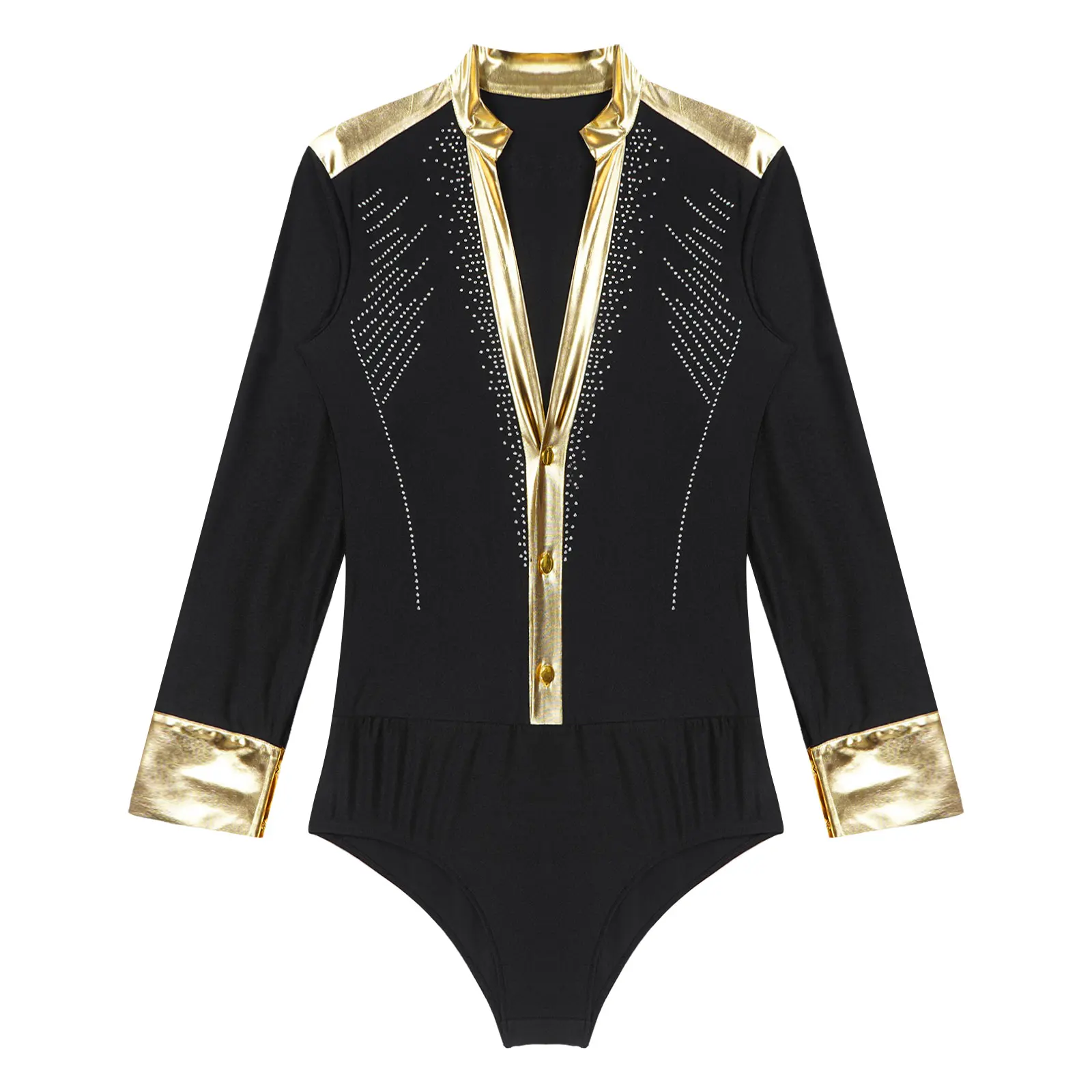 Men Figure Skating Leotard Shiny Rhinestones Jumpsuits Deep V Neck Stand Collar Long Sleeve Metallic Patchwork Sport Competition