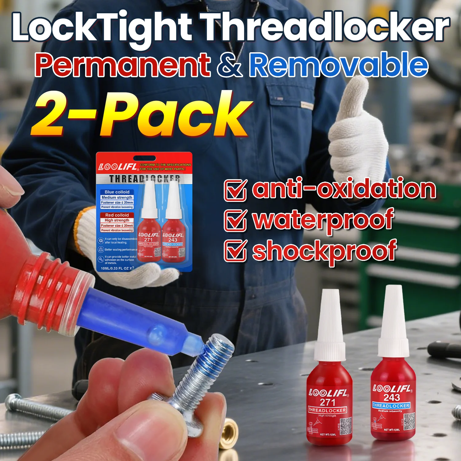 LOOLIFL, screw glue, anaerobic adhesive, rust-proof, corrosion-resistant 243 medium strength -271 high strength 10ml assembly.