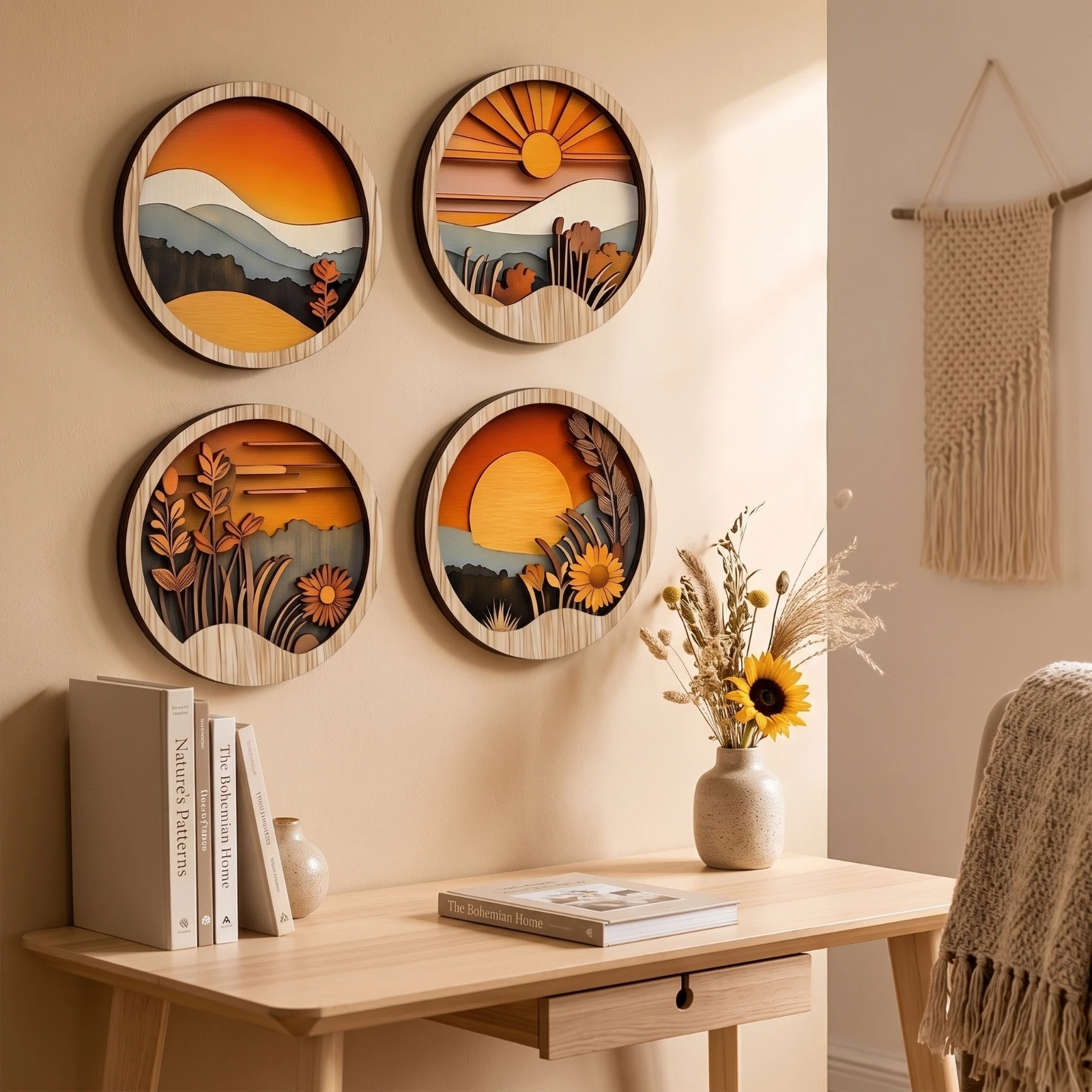 4 Pieces Forest Landscape Wall Decor Mountain Plaque with Landscape Design Wall Plaque Layered Wood Panel Bohemian