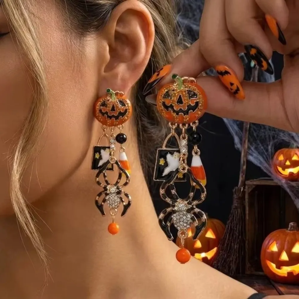 Alloy Material Halloween Earrings Long Tassel Design Dripping Oil Effect Pumpkin Earrings Spider Earrings Halloween Party
