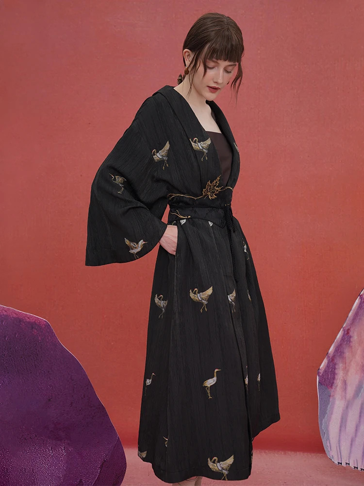 Long Red-Crowned Crane Embroidery Coat for Women, Spring and Autumn