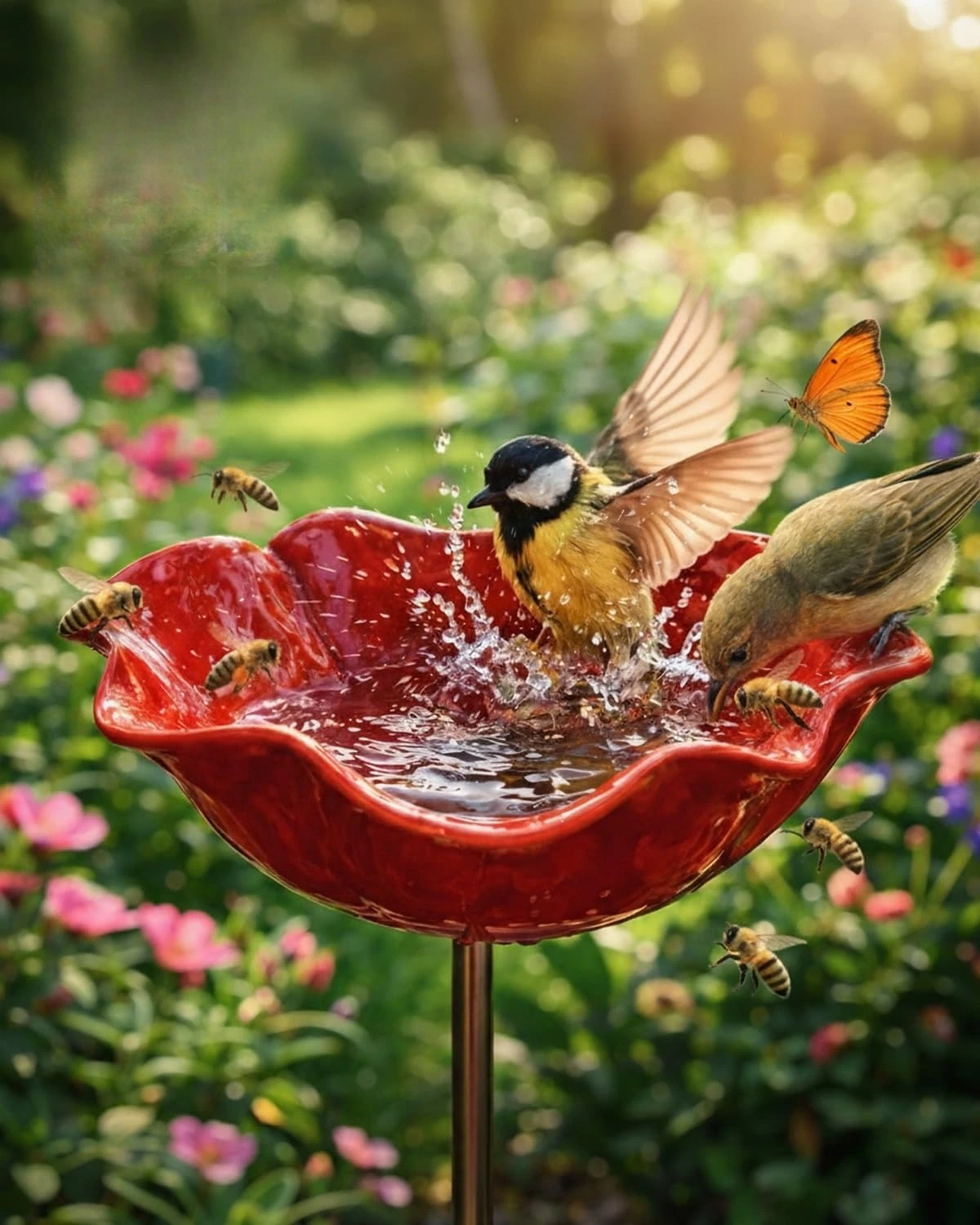 Handgefertigter Metall-Blumen-Gartenstecker, Große Biene-Vogel-Tränke, Outdoor-Gartenkunst-Dekoration, Eisen-Blumenskulptur für Rasenornamente