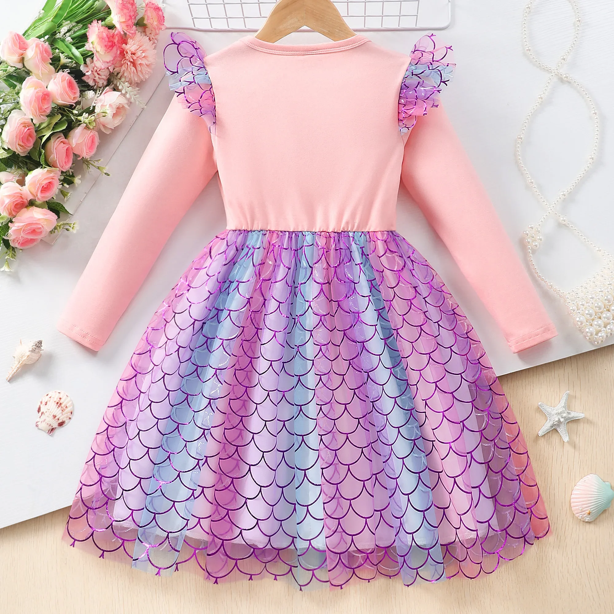 New Mesh Mermaid Dress Kids Girl Clothes Long Sleeve Winter Baby Girls Outfit Cute Cartoon Pink Children Dresses 2 3 4 5 6 7 Yrs