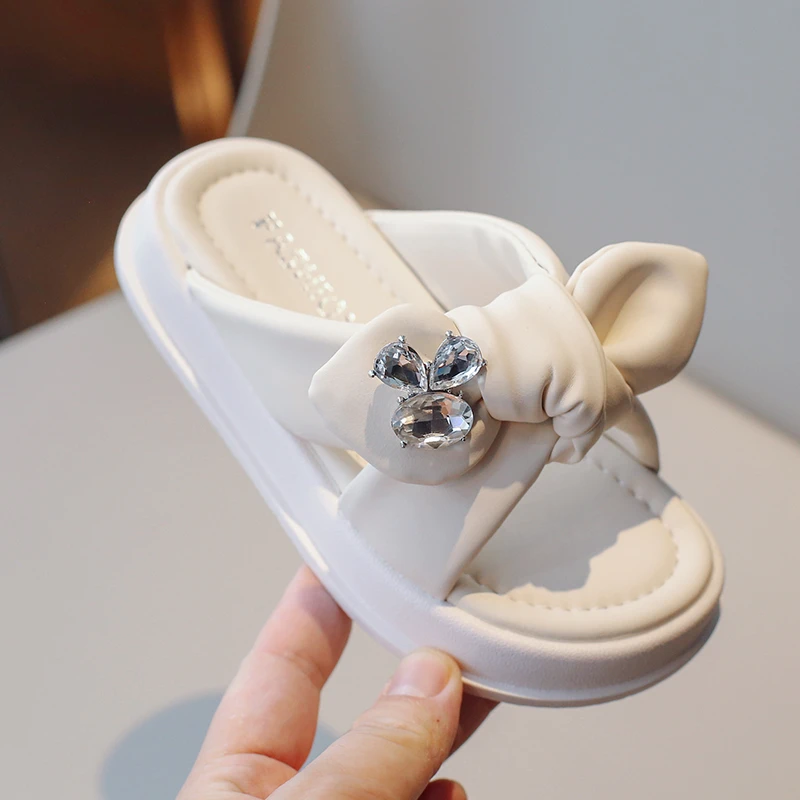 Girls Slippers Summer Outside Wear Pink Bow Rhinestone Girls Shoes Beige Soft Bottom Non-slip Fashion Children Sandals Slippers