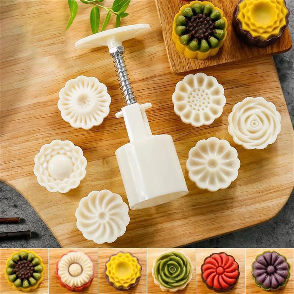 7Pcs/set Plastic Mooncake Mold Hand-Press Flower Shaped Cookie Mold 50g DIY Baking Tool Pressed Fondant Cookie Moon Cake Cutter