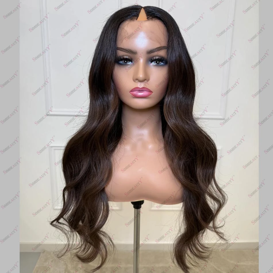 

Wavy/Straight Ombre Brown Long Human Hair V Part Wig Cheap Machine Made Glueless 1x4 Middle/Left/Right Opening V Shape Wig Remy